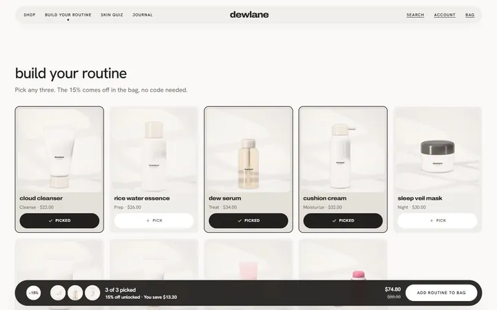 Dewlane's routine builder: three products picked and a bar saying 15% off unlocked, with the new total