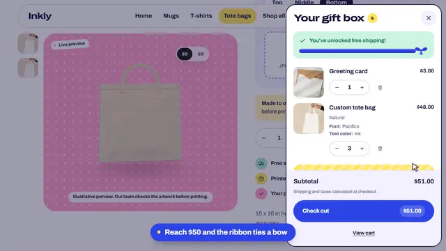 Inkly's cart drawer open over the store, with free shipping unlocked