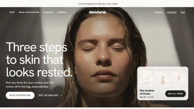 The Dewlane home page: a woman with her eyes closed in window light, the line three steps to skin that looks rested and a card that adds the routine of three