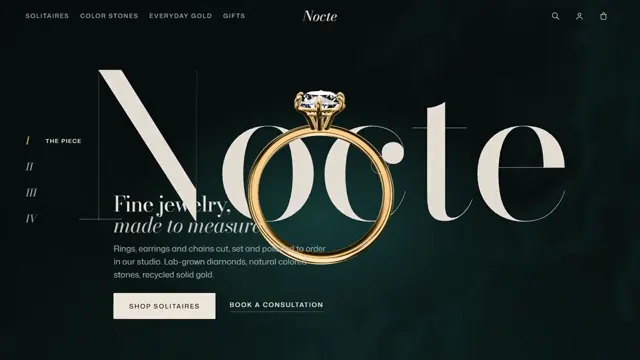 The Nocte home page: a gold solitaire ring in 3D over the word Nocte
