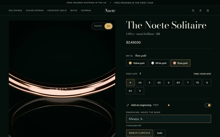 Nocte's product page: a rose-gold band in 3D with Always, A. engraved inside, next to the metal, ring size and engraving options