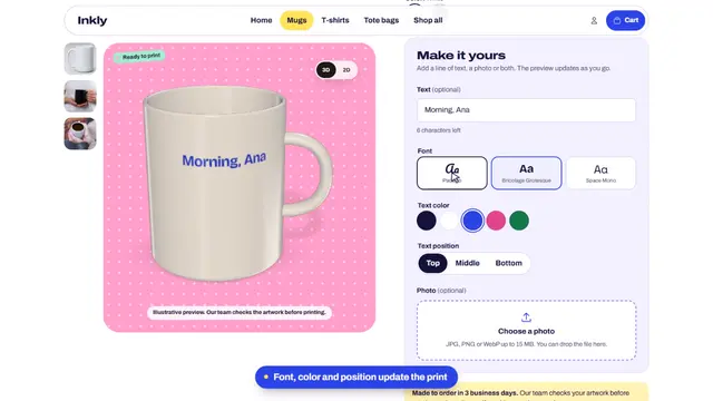 Inkly's product page: a mug with the customer's text printed on it, next to font and color choices